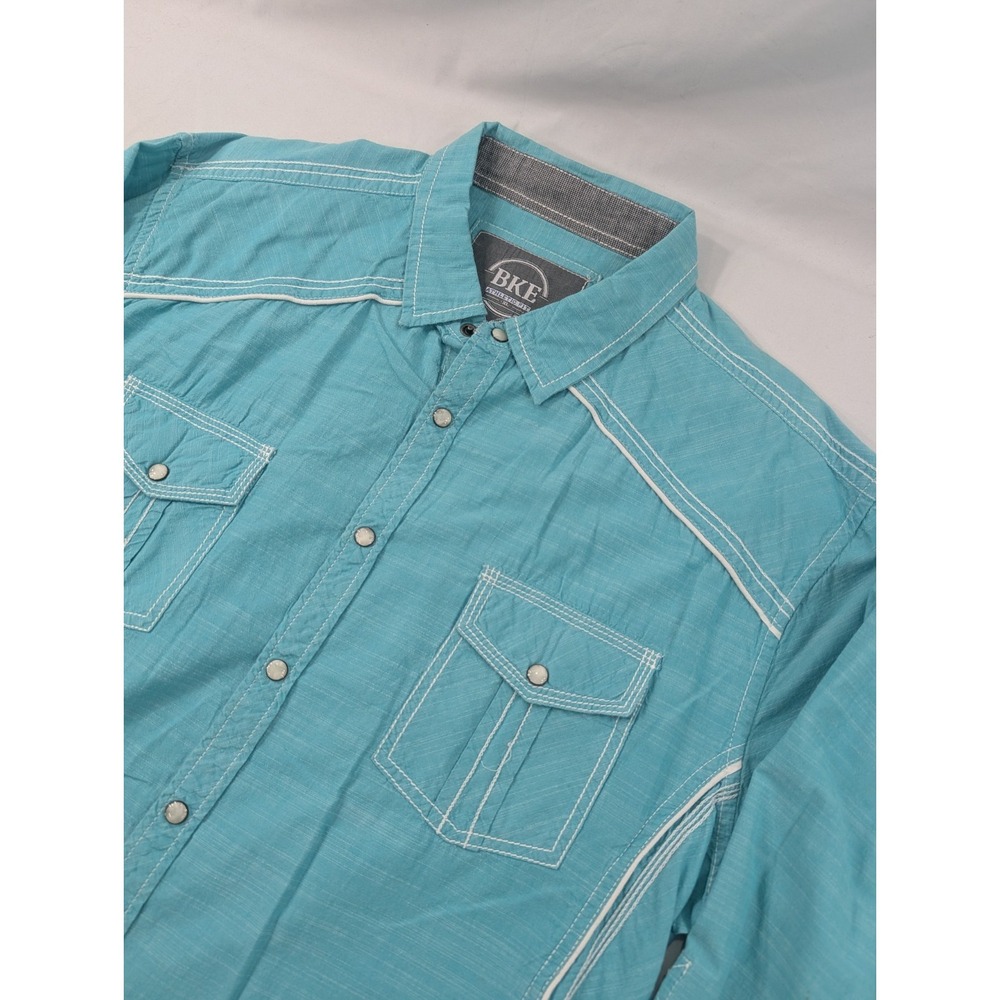 BKE Mens XL Pearl Snap Athletic Fit Stretch Teal Pearl Snap Up Shirt Long Sleeve
